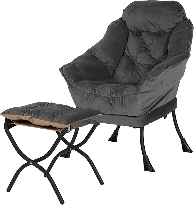 Kokel Lazy Chair with Folding OttomanLiving Room Chairs Accent Contemporary Lounge Chair Single Steel Frame Leisure Sofa Chair with Armrests and A Side Pocket (Dark Gray)