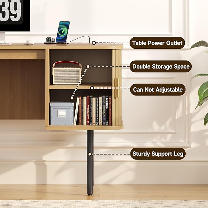 ONBRILL 63 Inch Fluted Computer Desk with Charging Station Mid Century Executive Desk with 2 Storage Cabinets Modern Home Office Large Desk with Metal Legs for Working Studying Writing Oak