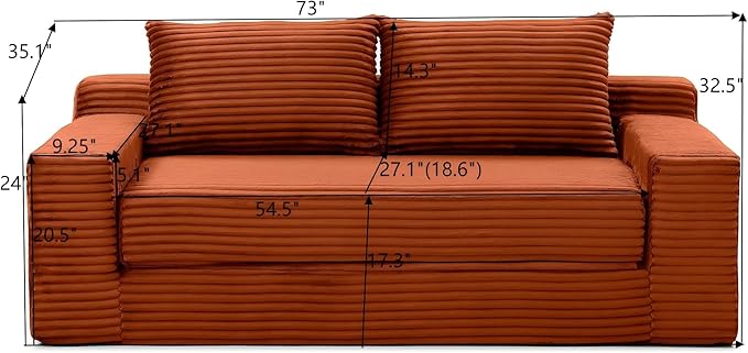 73 Convertible Sofa Bed 2 in 1 Corduroy Folding Couch with Pillows No Assembly Boneless Compression Sofa in Box Loveseat with Side Storage Pocket for Apartment Living Room Orange