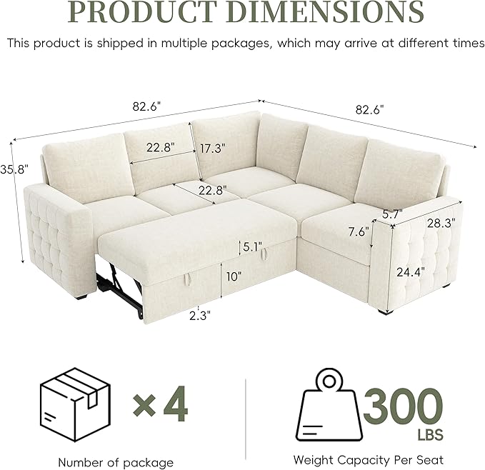 86 Sectional Sleeper Sofa Bed Sleeper Couch with Pull out Bed L Shaped Couch with Storage Modular Sectional Sofa Sectional Couches for Living Room&ampApartment Convertible Sofas Beige Couches