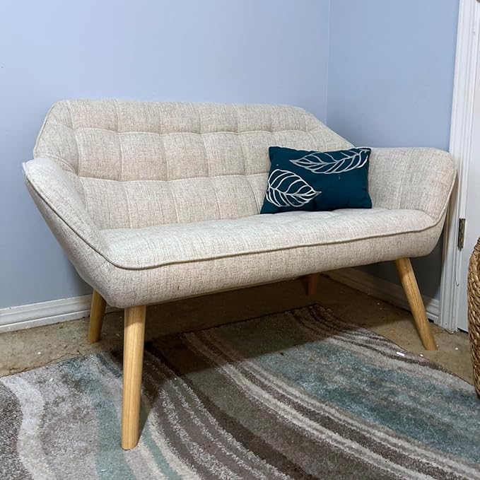 48”Small Loveseat Sofa Modern Linen Upholstered Mini Couch 2-Seater Fluffy Love Seat with Quilting Backs and Wood Legs for Small Space Living Room Bedroom Beige