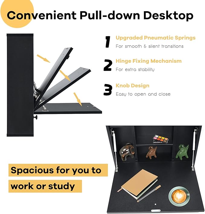 Wall Mounted Desk Floating Laptop Computer Desk Folding Wall Table with Storage Drawer and Shelves Space Saving Hanging Drop Leaf Table for Small Spaces (Black)