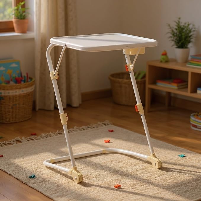 Homy Casa Adjustable Z Shaped Study Desk with Cup Holder Space Saving Portable Laptop Foldable Table for Home Office Living Room &amp Bedroom Sturdy Metal Frame &amp PP Top White