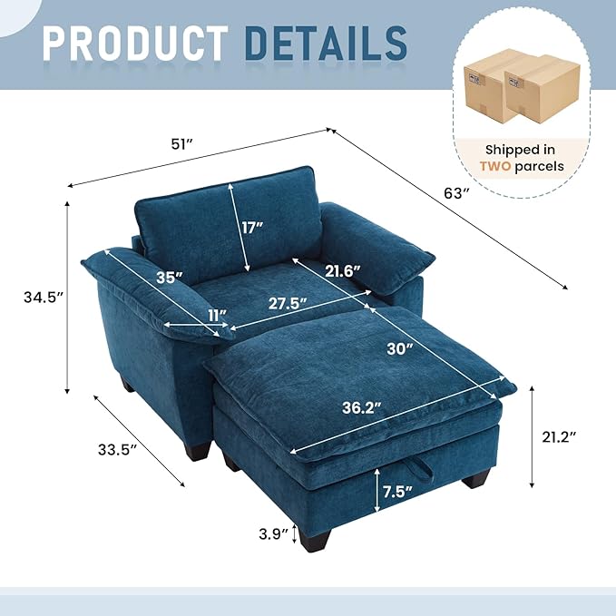 Oversized Chair with Ottoman Cloud Chenille Fabric Comfy Chaise Lounge Sofa Accent Arm Single Chair Indoor with Padded Armrest for Living Room Bedroom Office Storage Ottoman Blue