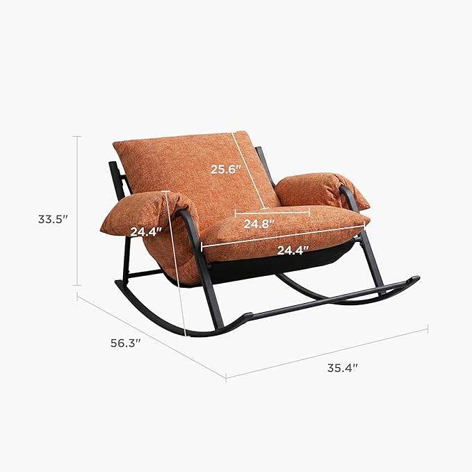 Acanva Oversized Rocking Chair Hybrid Latex Cushion Reading Chair with Aluminum Frame Chenille Lounge Armchair for Indoor Bedroom Living Room Reading Nook Tangerine