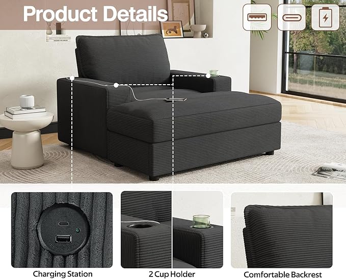 42.8 Oversized Chaise Lounge Chair with Storage Ottoman Corduroy Sofa Bed with Cup Holders &amp USB Charging Port Upholstered Sleeper Chair for Living Room BedroomGrey