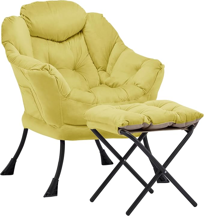 Lazy Chair with Ottoman Comfy Accent Lounge Chair with Side Pocket Modern Reading Armchair with Footrest Upholstered Sofa Chair for Small Spaces Bedroom Living Room Dorm Yellow