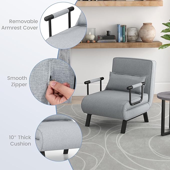 POWERSTONE Convertible Sleeper Chair Bed 4 in 1 Living Room Reading Chair with Pillow Wide Cushion Arm and Adjustable 5 Position Backrest Single Sofa Bed Light Grey