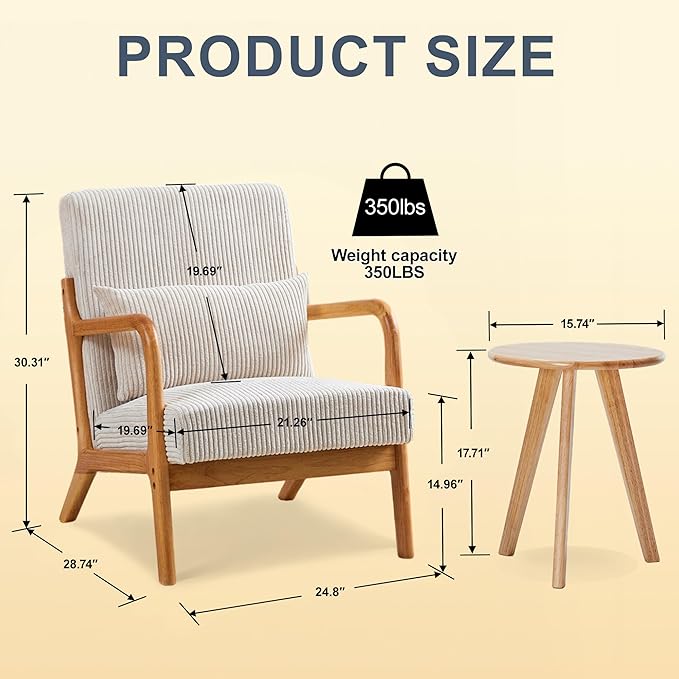Mid Century Modern Accent Chair with Side Table Upholstered Corduroy Armchair with Lumbar Pillow Solid Rubberwood Frame for Living Room Bedroom Reading Nook Beige