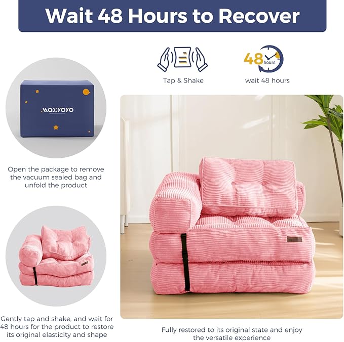 MAXYOYO Folding Sofa Bed L-Shaped Convertible Sofa with Armrest Foldable Sleeper with Pillow Portable Fold Out Chair Bed Comfy Floor Lounge for Living Room Bedroom Pink