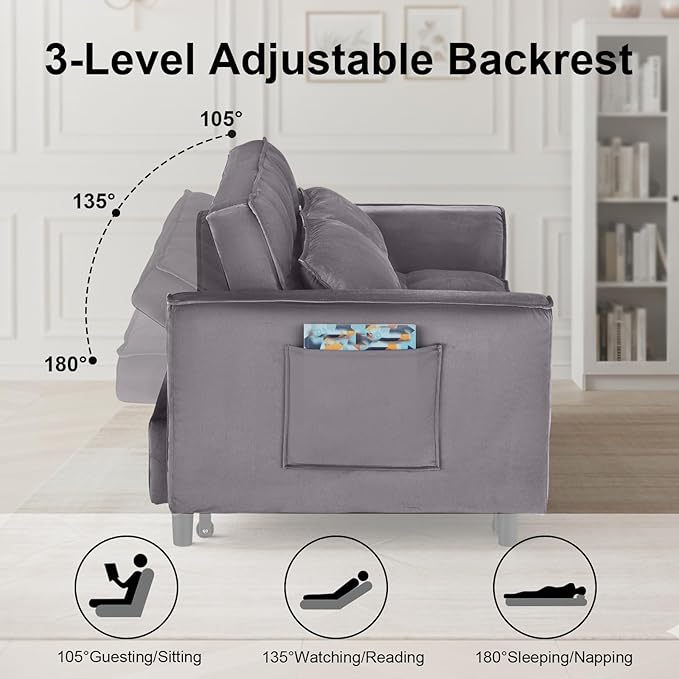 3 in 1 Convertible Sofa Bed Pull Out Couch with Adjustable Backrest Velvet Sleeper Sofa Loveseat with Pillows and Side Pockets for Living Room Bedroom Apartment Dark Grey