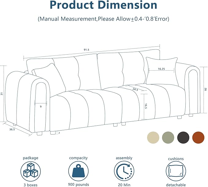 91.5” Couches for Living Room 3 Seater Loveseat Sofa Couch Oversized Upholstered Deep Seat Couch for BedroomApartment (Beige 91.5)