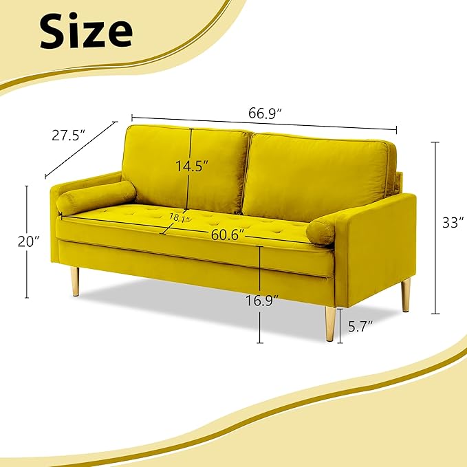 Velvet Loveseat Sofa 66.9'' Mid Century Modern Small Love Seats with 2 Pillows &amp Golden Legs Comfy Couch for Living Room Upholstered 2 Seater Sofa for Small Apartment (Yellow)