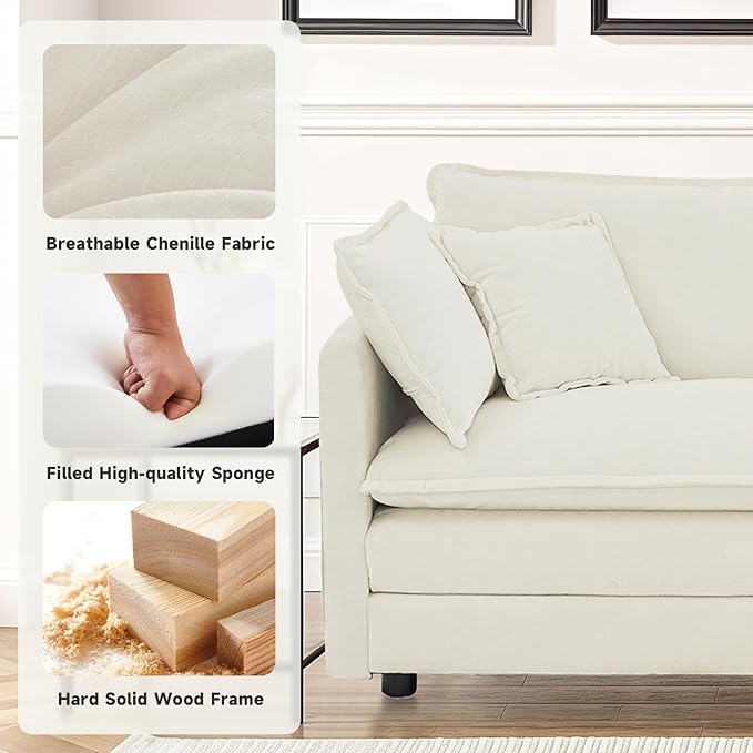 Modular Sectional Sofa with 3 Seat 111.5 Convertible Chenille Couch with 2 Armrest Pillows and 3 Throw Pillow for Living RoomOffice and ApartmentBeige