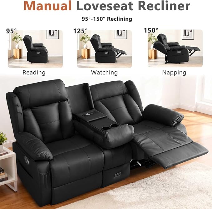 Loveseat Recliner Sofa with Console Flip Middle Backrest Design Manual Reclining Loveseat Sofa with Storage Drawer USB Ports &amp Cup Holders Manual Couch for Living Room Black