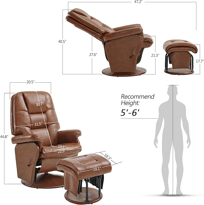 MCombo Swivel Glider Recliner with Ottoman Reclining Chair with Adjustable Back Faux Leather Upholstered Lounge Chair for Living Room Bedroom 4800 (Brown)