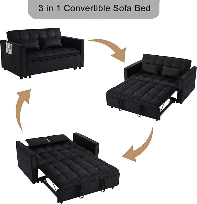 Loveseat Sleeper Sofa 3 in 1 Convertible Sofa Bed Adjustable Backrest Comfy Pull Out Couch Modern Upholstered Sofa for Living Room Bedroom Apartment Small Space (Black)