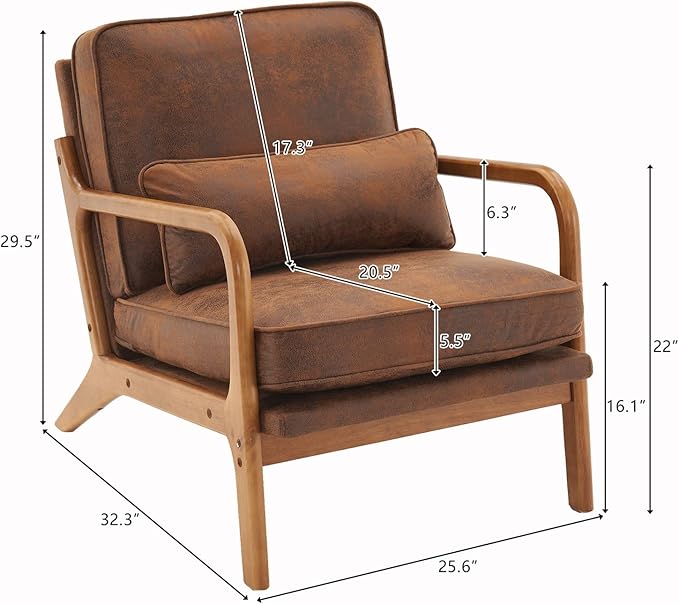 i-POOK Accent Chair Mid-Century Linen Fabric Upholstered Armchair with Pillow and Back Cushion Comfy Single Sofa Chair with Solid Wood Legs Reading Chair for Living Room Bedroom Office Orange
