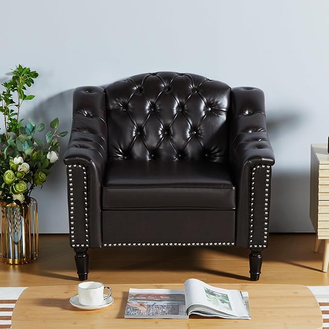 AVZEAR Chesterfield Sofa Chair Mid-Century Modern Armchair PU Fabric Single Sofa Chair with Nailhead Trim and Button Tufted for Living Room Office Bedroom Brown