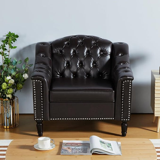 AVZEAR Chesterfield Sofa Chair Mid-Century Modern Armchair PU Fabric Single Sofa Chair with Nailhead Trim and Button Tufted for Living Room Office Bedroom Brown