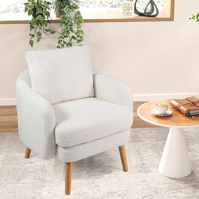KOMFOTT Sherpa Accent Chair Upholstered Armchair with Seat Cushion Lumbar Pillow &amp Rubber Wood Legs Modern Single Sofa Chair Reading Chair for Living Room Bedroom Office Small Spaces White