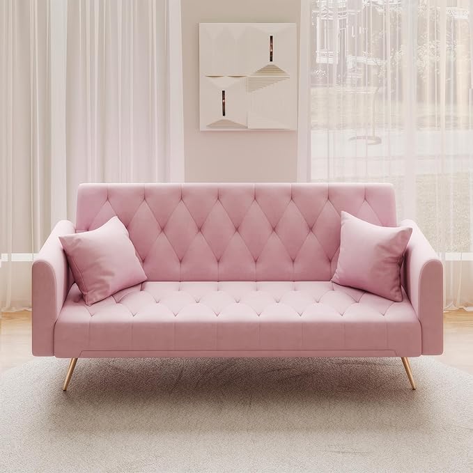 Modern Velvet Sofa Bed Futon with 2 Pillows2-in 1 Convertible Sleeper Couch BedFolding Recliner Loveseat with Golden Metal Legs for Living Room Apartment Office (Light Pink)