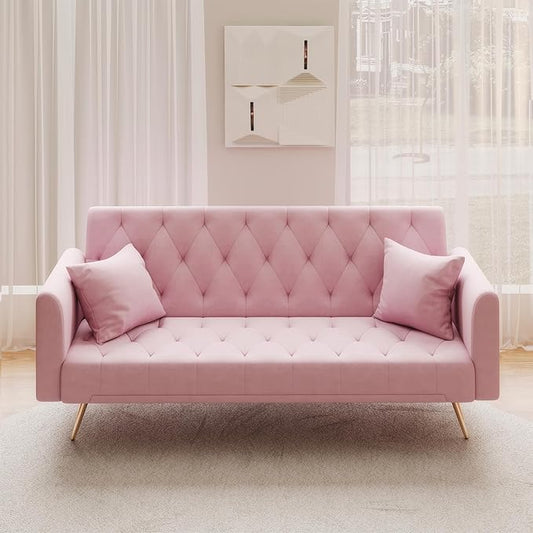 Modern Velvet Sofa Bed Futon with 2 Pillows2-in 1 Convertible Sleeper Couch BedFolding Recliner Loveseat with Golden Metal Legs for Living Room Apartment Office (Light Pink)