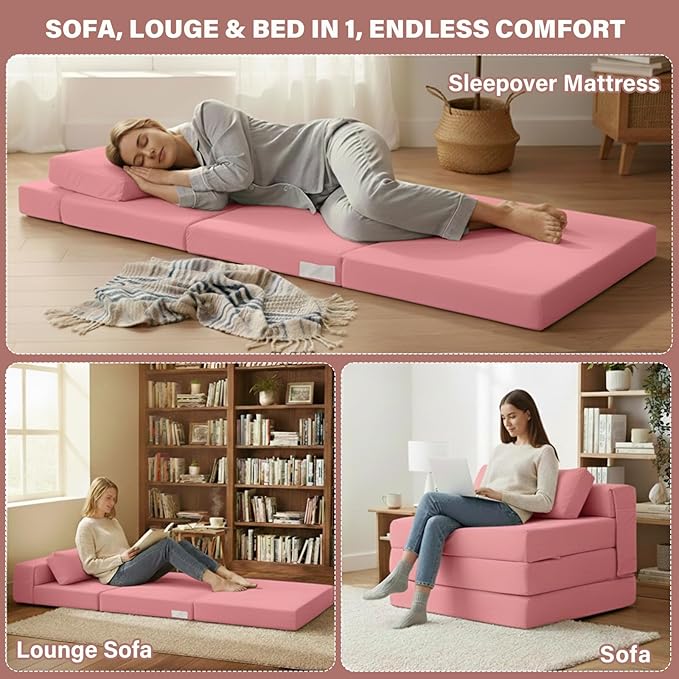 Tiita Folding Sofa Bed Chair 4-Fold Convertible Sleeper Chair with Lumbar Pillow Washable Cover &amp Side Pocket Floor Couch Bed with Raised Seat Single Size for Small Spaces Pink