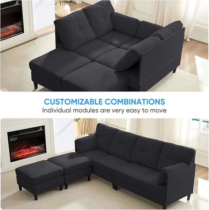 PUREMIND Sectional Couches for Living Room Modern Snow Velvet U-Shaped Sofa Couch with Double Chaise Upholstered 4 Seater Sofa with Double Chaise for Living Room Apartment Office Dark Grey