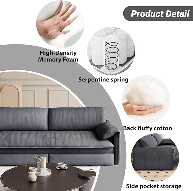 healthomse 66 Queen Size Sleeper Sofa Bed 3-in-1 Convertible Pull Out Sofa Bed with Side Storage Modern Velvet Loveseat for Living Room Bedroom Apartment Office Lounge (Grey 66inch)