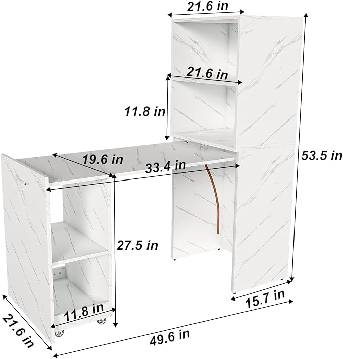 Montary Expandable and Foldable Desk Mobile Office Desk with Storage Shelves &amp Wheels Compact Computer Desk for Small Space Reversible L Shaped Desk (White Marble)