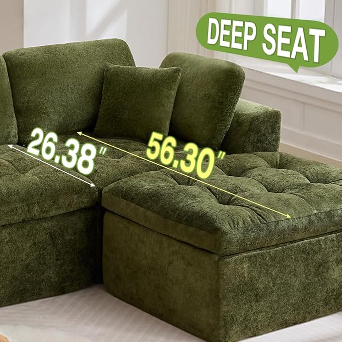 110 Cloud Sectional Couch for Living Room Upholstered L-Shape Modular Sofa with Movable Ottoman 3-Seater Deep-Seat Foam Couch Comfortable Convertible Sectional for Home &amp Apartment（Green）