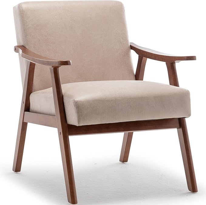 Mid-Century Accent Chair Upholstered Fabric Living Room Chair with Solid Wood Frame Modern Small Side Arm Chairs Comfy Wingback Reading Chair for Bedroom Office (Light Camel)