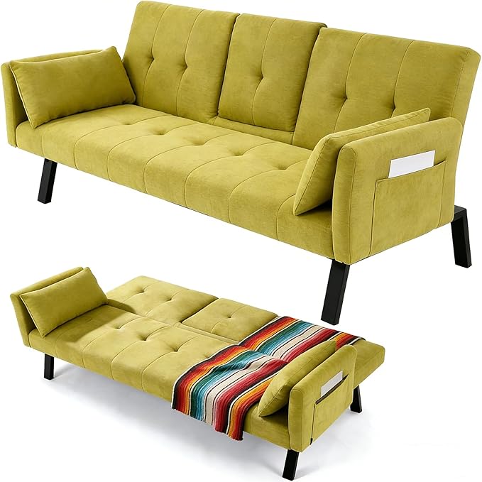 70 Futon Sofa with CupholdersAdjustable Backrest Cotton Linen with Cup Holders and 2 Throw Pillows Sleeper Sofa for Living Room Apartment Small Space (Grass Green)
