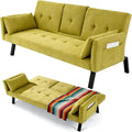 70 Futon Sofa with CupholdersAdjustable Backrest Cotton Linen with Cup Holders and 2 Throw Pillows Sleeper Sofa for Living Room Apartment Small Space (Grass Green)