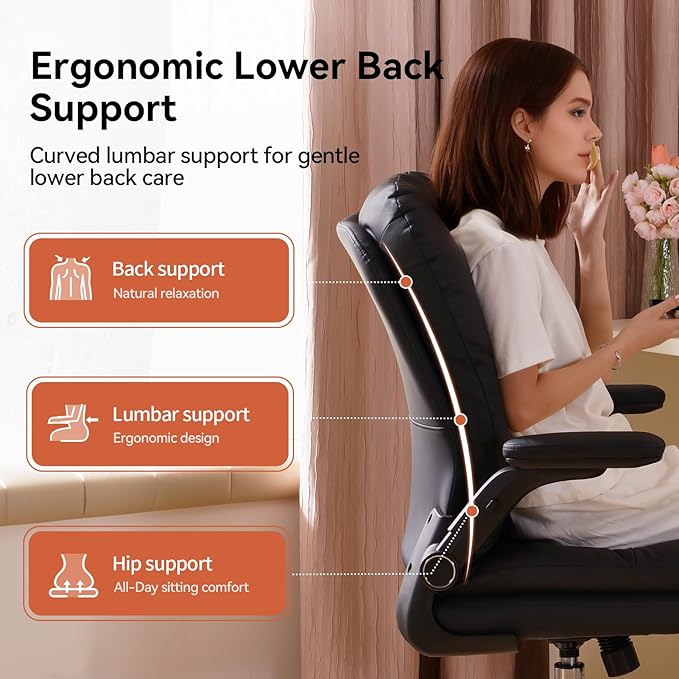 LEAGOO Comfy Office Chair with Padded Flip-up Arms Mid Back Executive Ergonomic Desk Chairs Faux Leather Computer Rolling Chair with Wheels for Home Adjustable Height 360 Swivel 300lbs Black