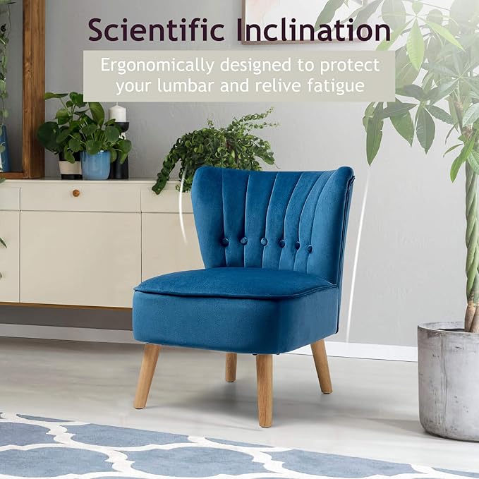 S AFSTAR Armless Accent Chair Wingback Velvet Sofa Chair with Solid Rubber Wood Legs &amp Thick Padded Seat Upholstered Leisure Club Chair for Living Room Guest Room Coffee Shop (1 Blue)