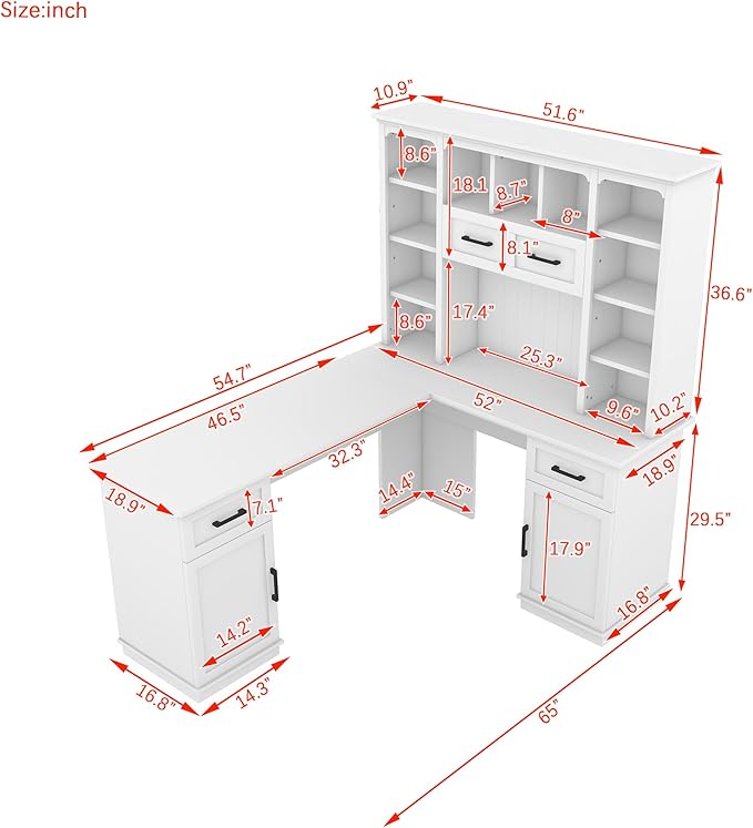 L-Shaped Executive Desk Writing Desk Office Study Workstation with Storage Cabinets and Bookcases Wood Home Office Computer Desk for Living Room Study Room (White-11.8)