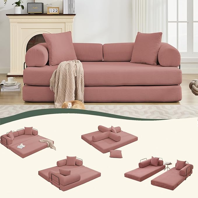 Convertible Folding Sofa Bed Modular Floor Sofa with Removable Backrest 3-Seater Fold Out Couch Bed with Pillows King Size Futon Lazy Couch Corduroy Sleeper for Living Room Dorm Dark Pink