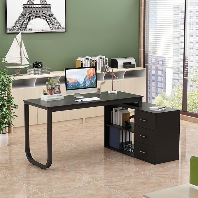FUFU&ampGAGA 55.1 Large L-Shaped Office Desk with 41.3 File Cabinet Corner Computer Desk with 3 Drawers &amp 2 Shelves Workstation Executive Desk with Storage Shelf for Home Office - Black