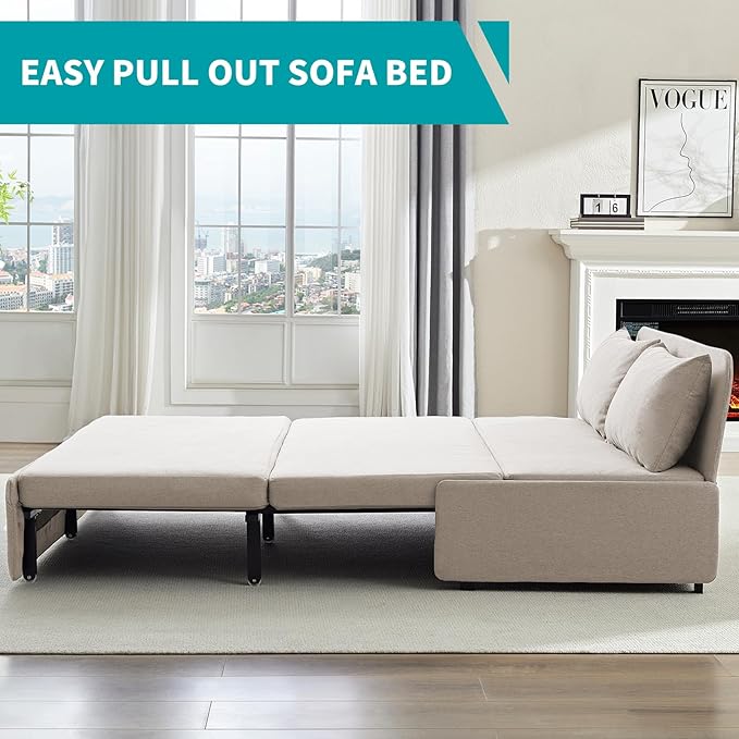 BALUS 43 W Queen Size Sleeper Couch Bed Pull Out Sofa with Pullout Beds 2 in 1 Convertible Linen Single Sleepers Sofas Chair with Foldable Mattress and Pillows for Small Space Apartment Beige