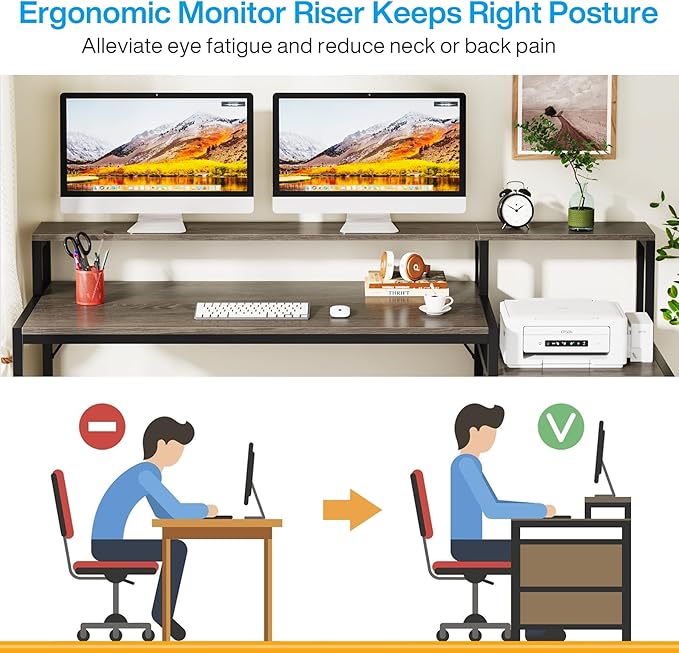LITTLE TREE 63 Inch Computer Desk with File Drawer Cabinet Home Office Desks with Ergonomic Monitor Stand