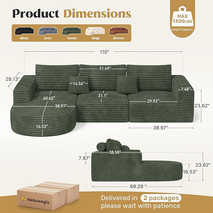 110 Modular Sectional Sofa Couches Cloud Couches for Living Room Boneless Sofa with Deep SeatL-Shape Couch with ChaiseNo Assembly RequiredGreen1 PCS