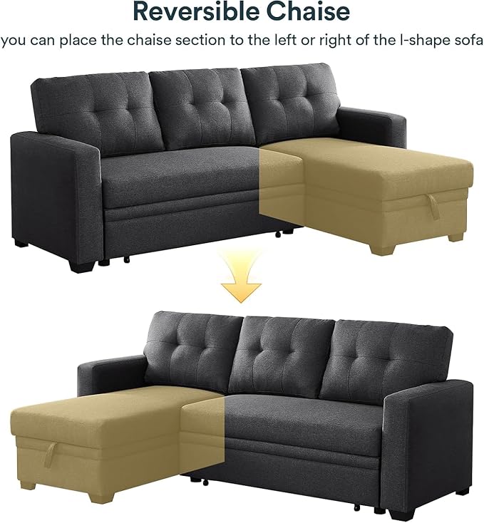 L Shaped Couch 4 in 1 Pull Out Sofa Bed Sleeper Sectional Sofa with Storage Convertible Sofa Bed 82in Chaise Lounge for Living Room Apartment Dorm