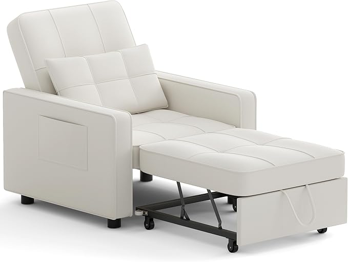 JUMMICO Sleeper Chair 3-in-1 Convertible Sleeper Sofa Bed for Adults Linen Fabric Pull Out Chair Bed with Adjustable Backrest Couches for Living Room Apartment Office Small Space (Beige)