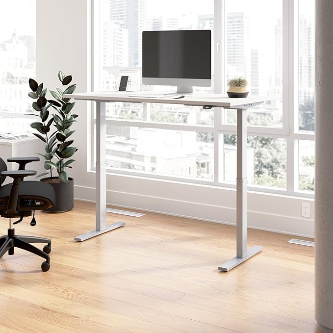 Bush Business Furniture 60-inch Electric Height Adjustable Standing Desk Ergonomic Sit-Stand Computer Table for Home and Professional Office Move 60 Series White with Metallic Gray Base
