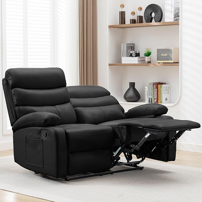 Double Recliner Loveseat Leather Reclining Loveseat 2 Recliners Set Wall Hugger Loveseat Recliner Sofa for Living Room RV Home Theater Seating(Black 2 Seater Sofa)