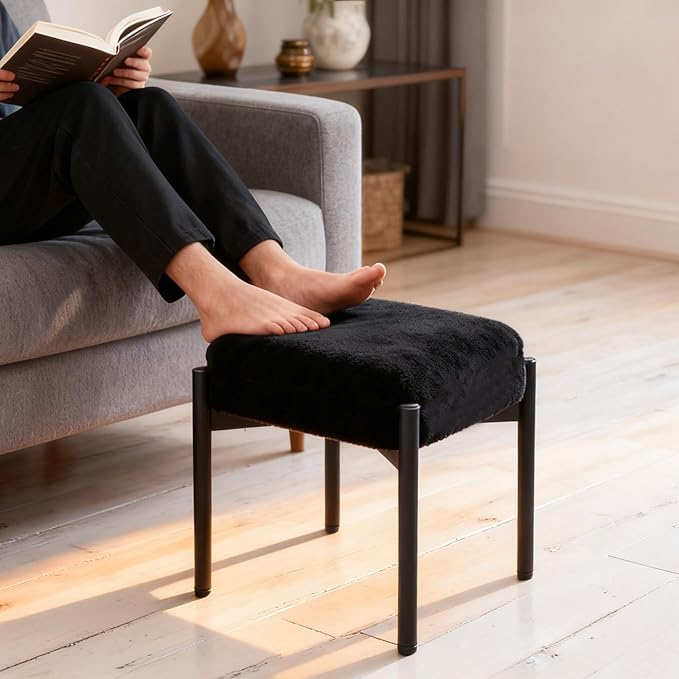 Vanity Stool Chair Faux Fur 16.3L x 12.8W x 17.3H Soft Ottoman Makeup Chair Bench Furry Padded Seat with 4 Metal Legs Footstool Multifunctional Chairs for Bedroom Living Room Black