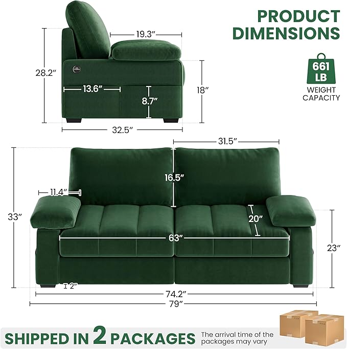 Yaheetech 79 Velvet Modern Sofa Couch with Storage Pockets and USB Ports 2 Seater Comfy Loveseat Sleeper with Removable Armrest Pillow &amp Cover for Living Room Apartment Bedroom Green