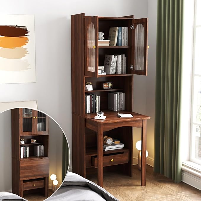 KEIKI Fold-Out Home Office Desks Writing Table with Glass Doors Drawers Bookshelf &amp Storage Shelves Modern Wooden Convertible Workstation for Work Study